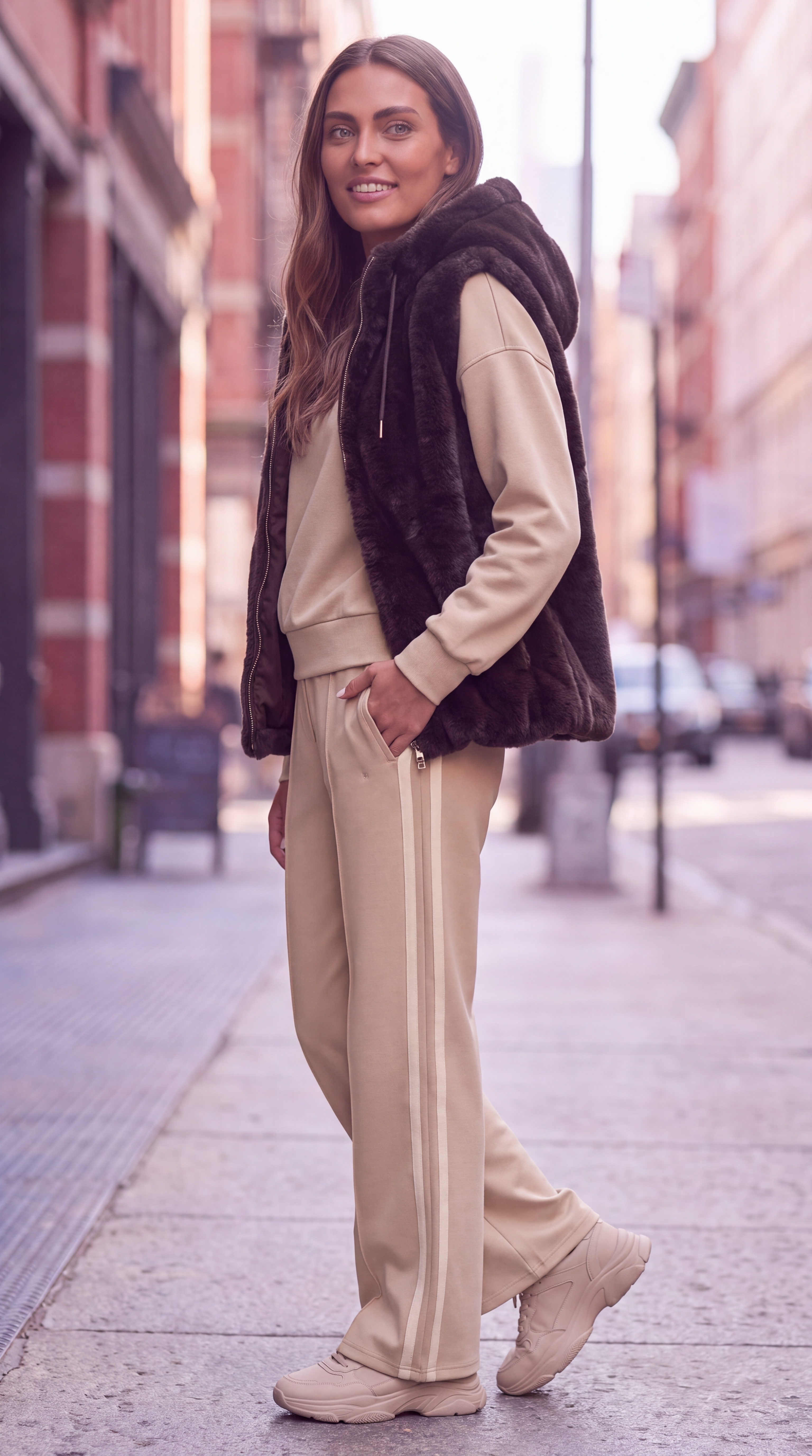 Dámska kožušinová vesta s kapucňou BROADWAY NYC FASHION CHOCOLATE PLUM - Tmavohnedá s.WEAR 1